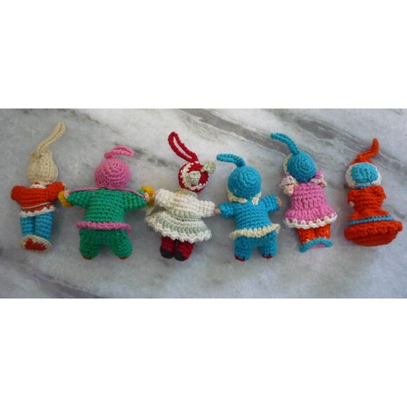 Amigurumi Miniature 2" Doll Japanese Crochet Knitted Vintage Set of 6 Silk Faces - Picture 5 of 6